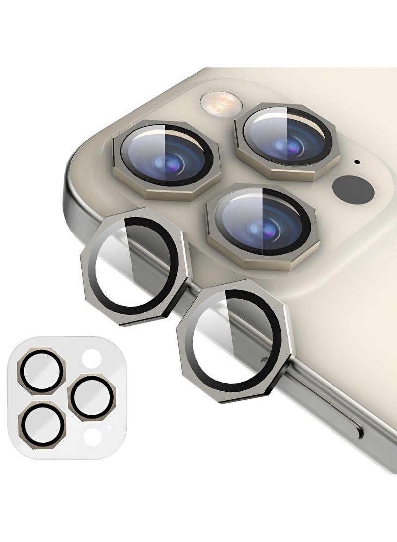Octagon Hexa Lens Protector Compatible With iPhone 15 Pro & iPhone 15 Pro Max – 9H Tempered Glass Camera Cover with Metal Ring, Scratch-Resistant, Camera Lens Protection - Natural Titanium